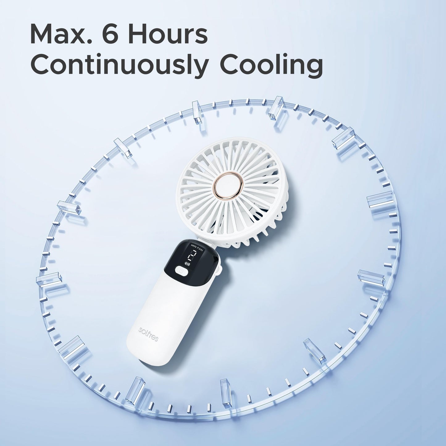 Solfres Portable Mini Handheld Fan, Digital Display, 5 Speeds, 90° Adjustable and Foldable, Rechargeable Fan for Outdoor Indoor Travel Desktop, White
