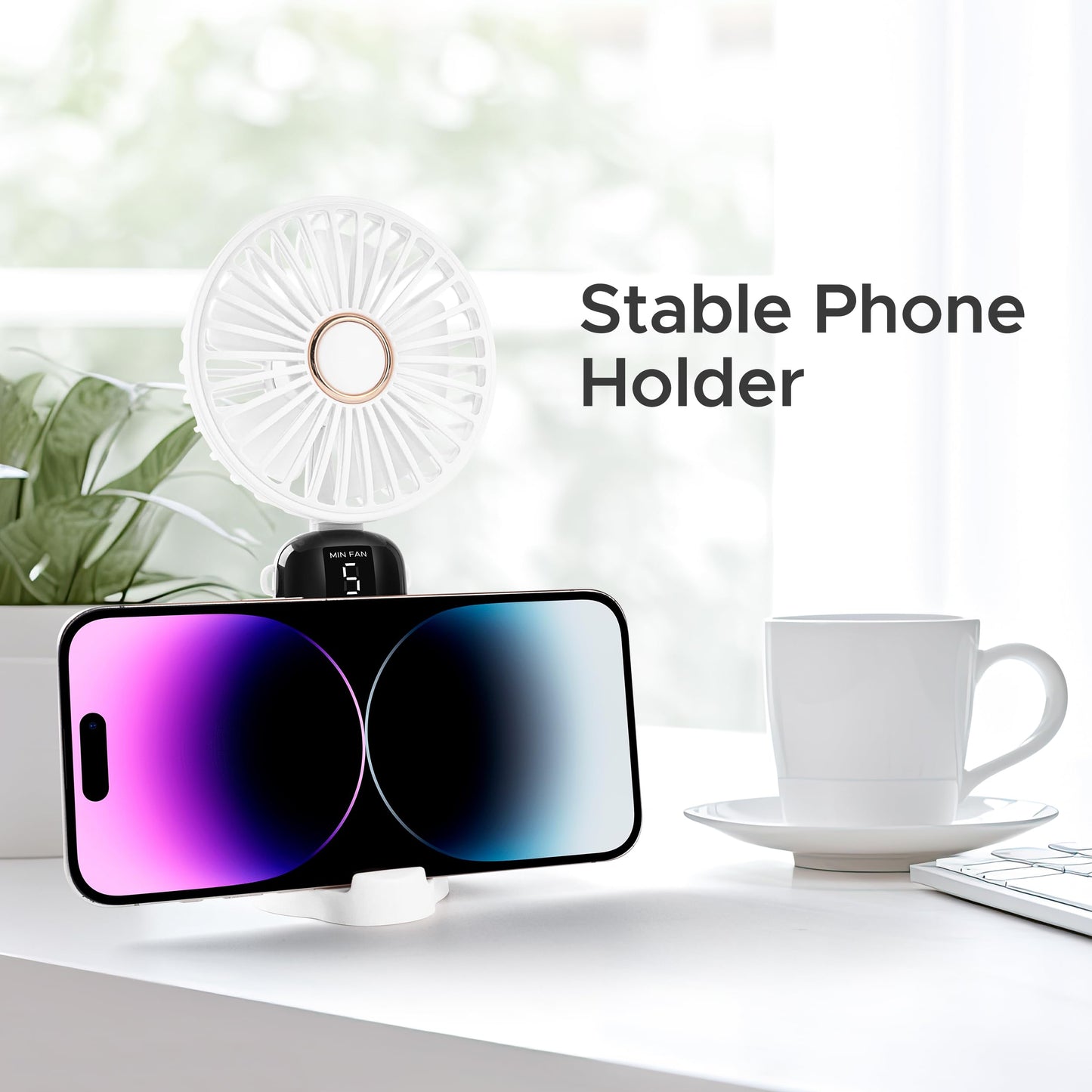Solfres Portable Mini Handheld Fan, Digital Display, 5 Speeds, 90° Adjustable and Foldable, Rechargeable Fan for Outdoor Indoor Travel Desktop, White