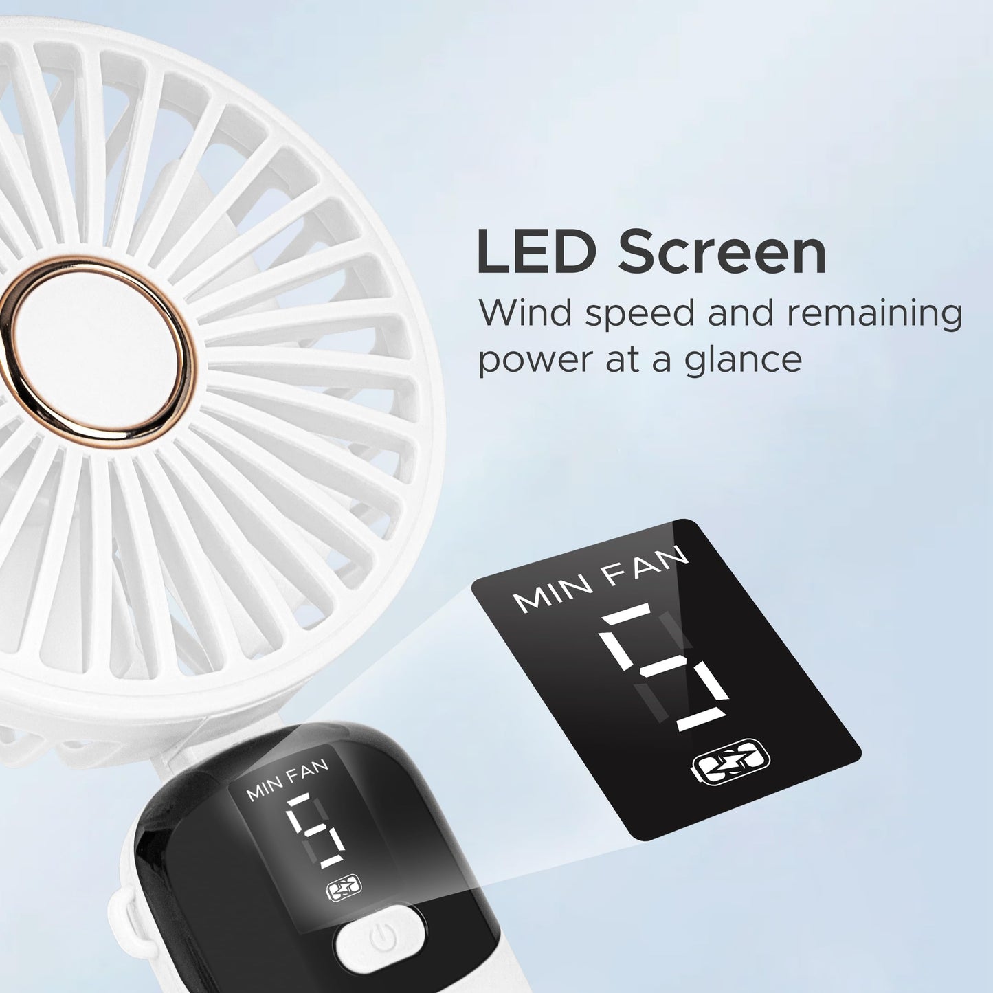 Solfres Portable Mini Handheld Fan, Digital Display, 5 Speeds, 90° Adjustable and Foldable, Rechargeable Fan for Outdoor Indoor Travel Desktop, White