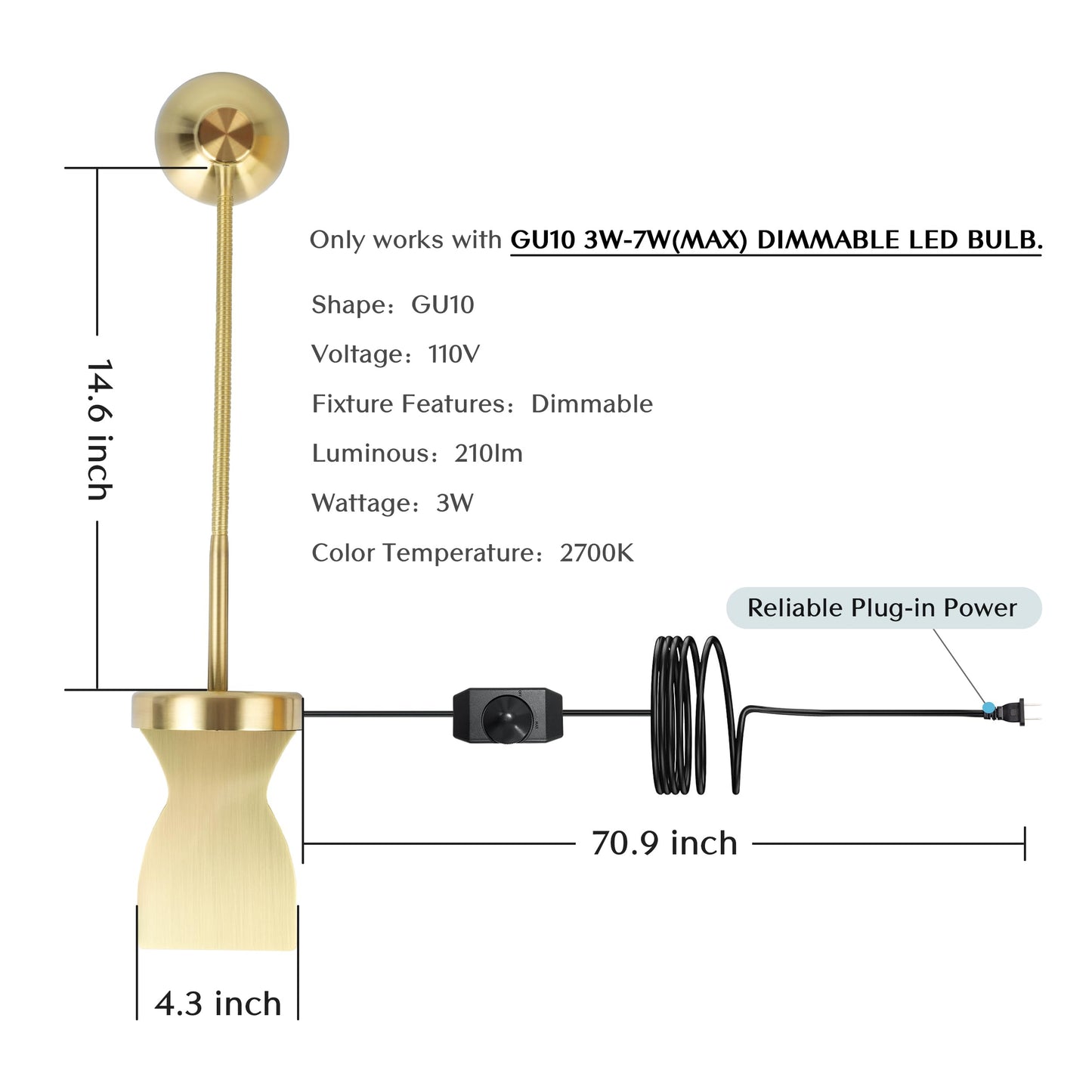 Solfres Patented Innovative Design Headboard Reading Light. No Drilling Golden Book Light for Bedtime Reading. Dimmable LED Book Reading Lamp with Bulb. Movable & Flexible, Black