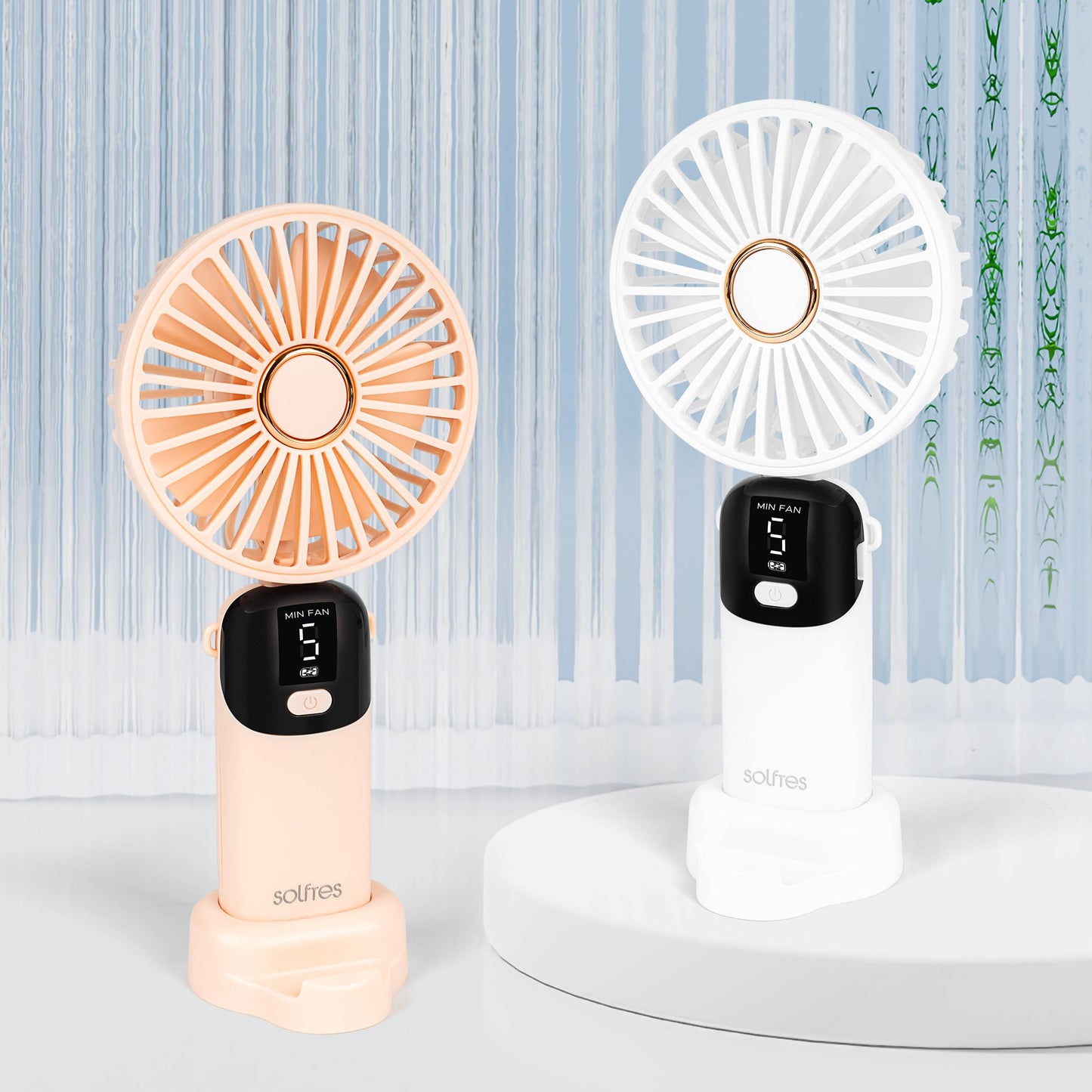 Solfres Portable Mini Handheld Fan, Digital Display, 5 Speeds, 90° Adjustable and Foldable, Rechargeable Fan for Outdoor Indoor Travel Desktop, White