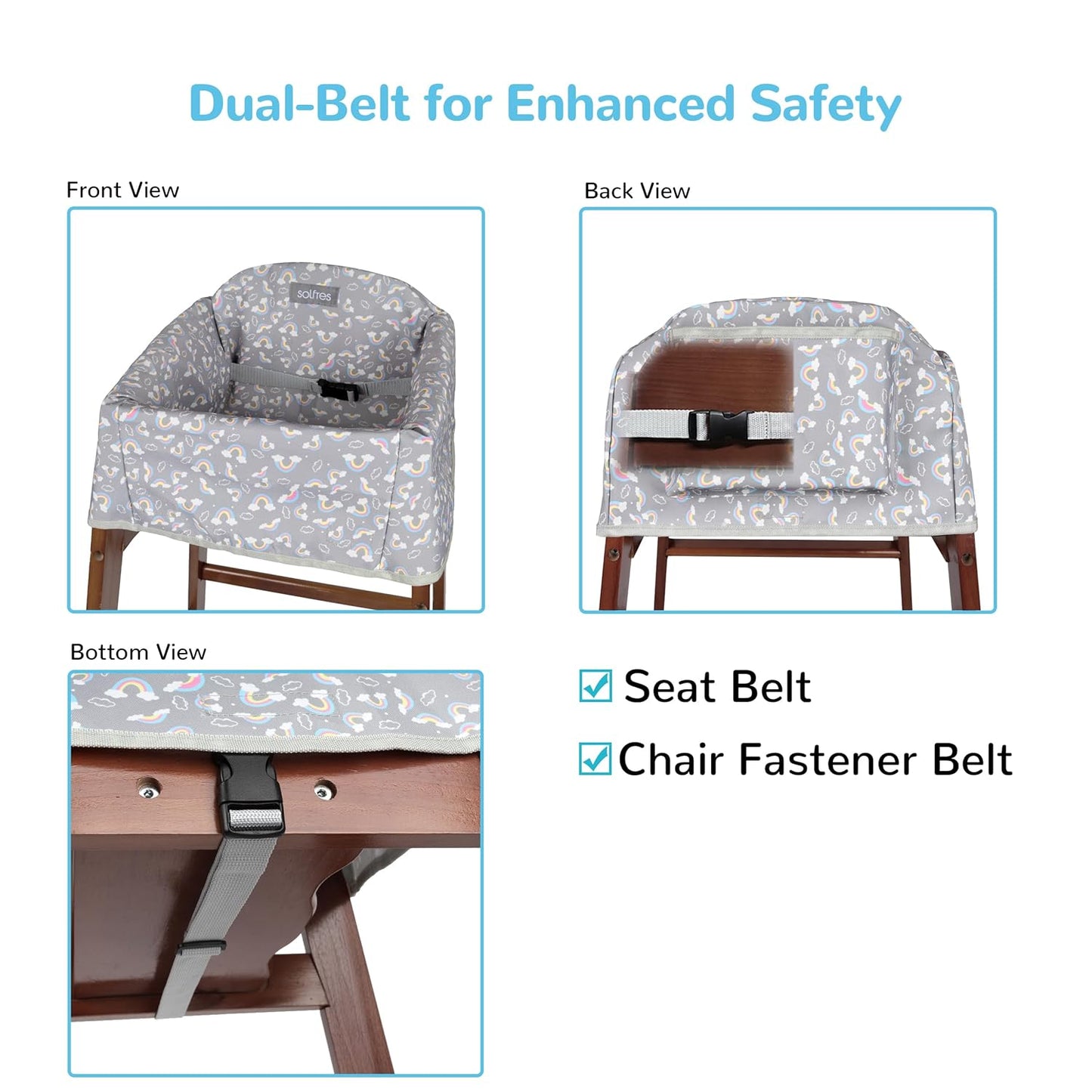 Dual-Belt High Chair Cover, Baby High Chair Cover, Upgrade Version, for Wooden or Restaurant High Chair, Sturdy and Robust Material, Gray Rainbow