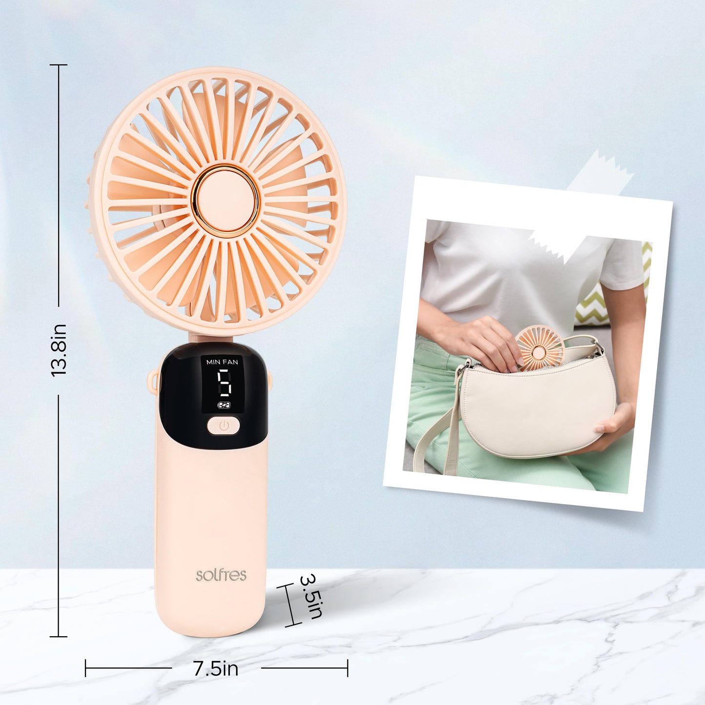 Solfres Portable Mini Handheld Fan, Digital Display, 5 Speeds, 90° Adjustable and Foldable, Rechargeable Fan for Outdoor Indoor Travel Desktop, White