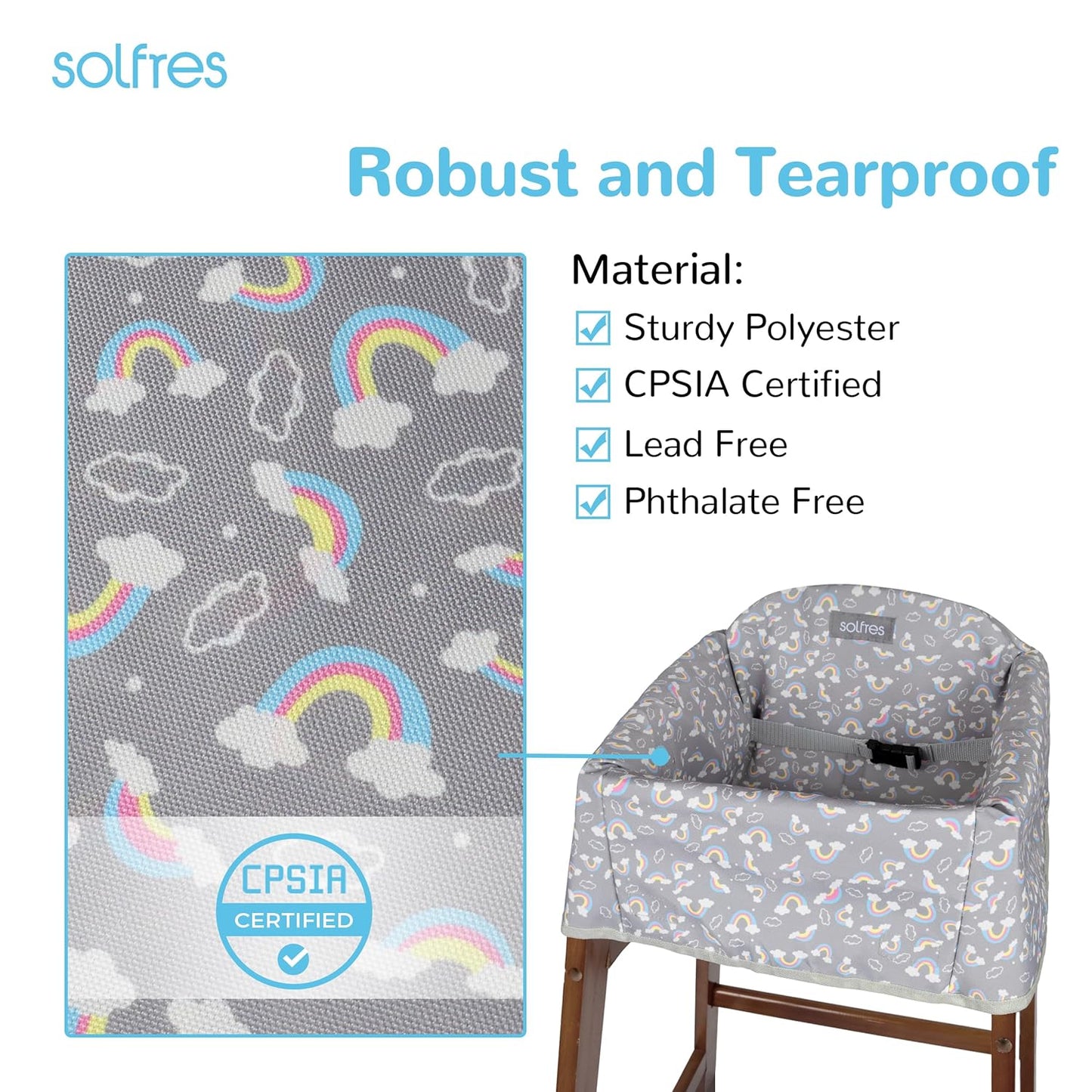 Dual-Belt High Chair Cover, Baby High Chair Cover, Upgrade Version, for Wooden or Restaurant High Chair, Sturdy and Robust Material, Gray Rainbow