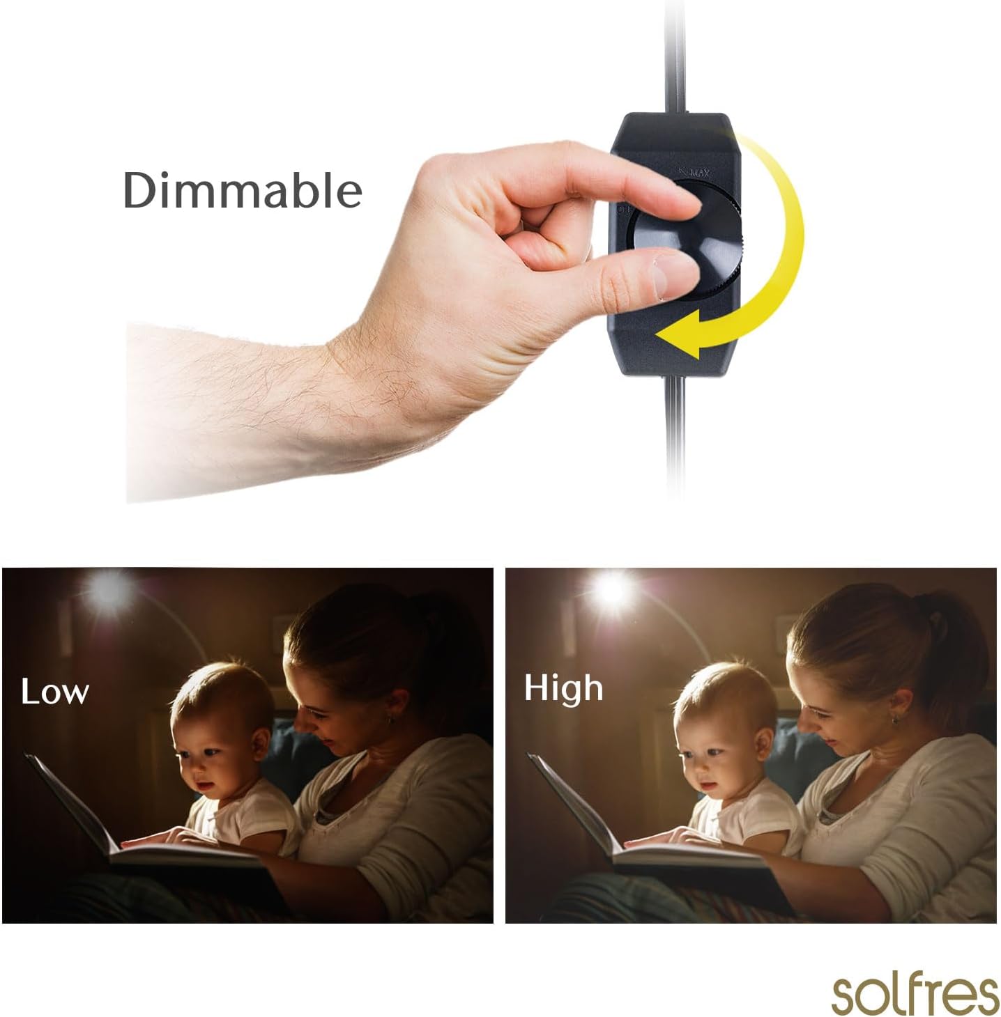 Solfres Innovative Design Headboard Reading Light. No Drilling Golden Book Light for Bedtime Reading. Dimmable LED Book Reading Lamp with Bulb. Movable & Flexible, White