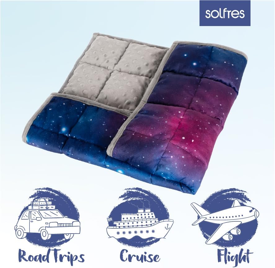 Solfres Small Weighted Lap Pad Blanket Throw for Kids Boys Teens 20in x 23in 5 Lbs - Sleep Therapy Plush Travel Size with Glass Beads, Galaxy Space Stars