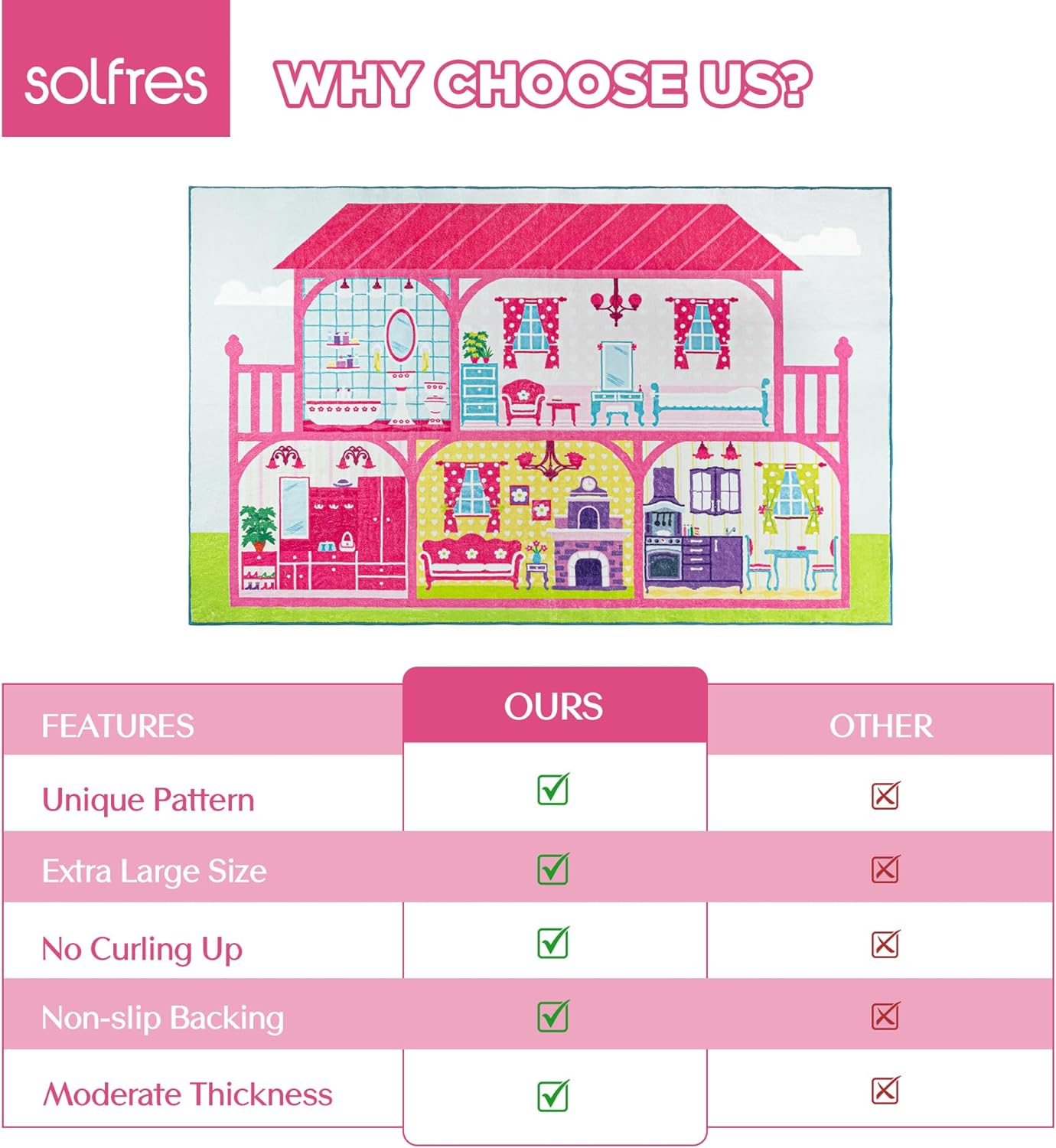 Solfres Soft Kids Area Rug 5' x 7', Large Play Rug for Girls, House Play Mat for Playing Toys & Dolls, Educational Nursery Carpet for Toddlers Children, Kids Room Bedroom Playroom Decor, Pale Pink