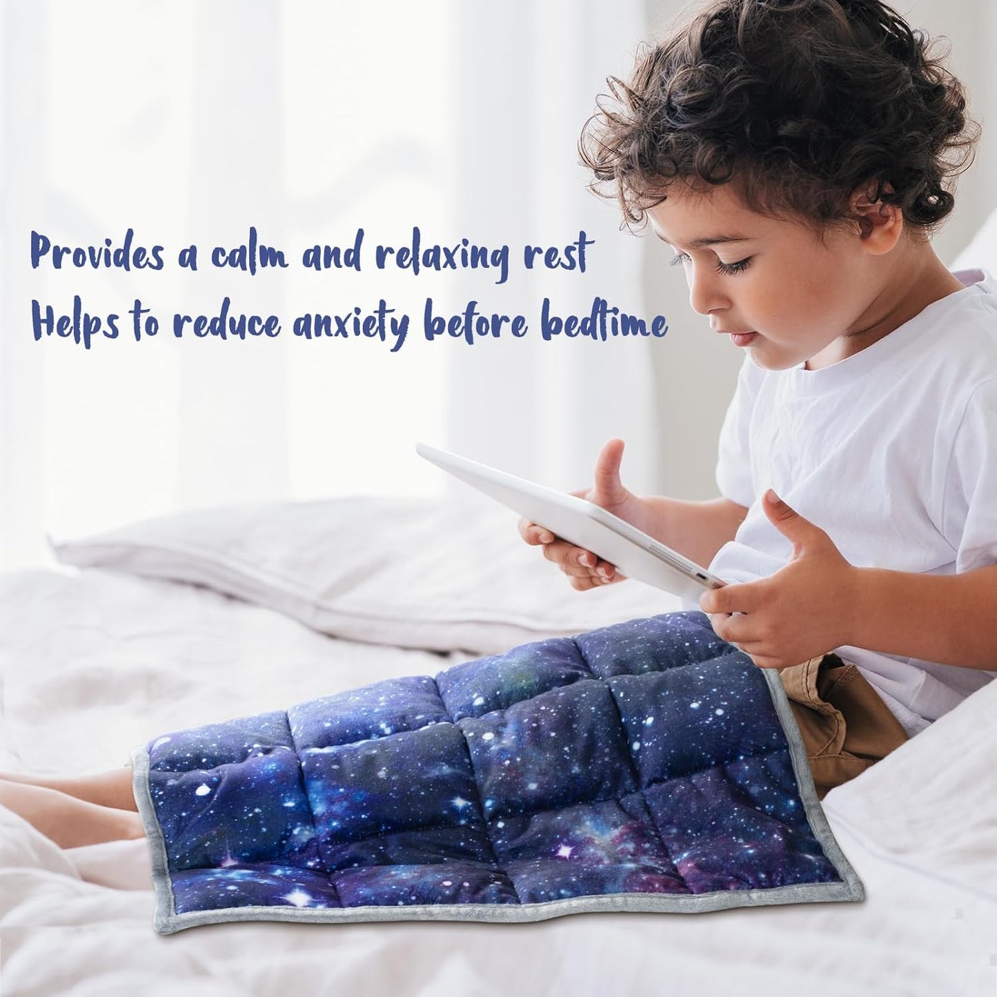 Solfres Small Weighted Lap Pad Blanket Throw for Kids Boys Teens 20in x 23in 5 Lbs - Sleep Therapy Plush Travel Size with Glass Beads, Galaxy Space Stars