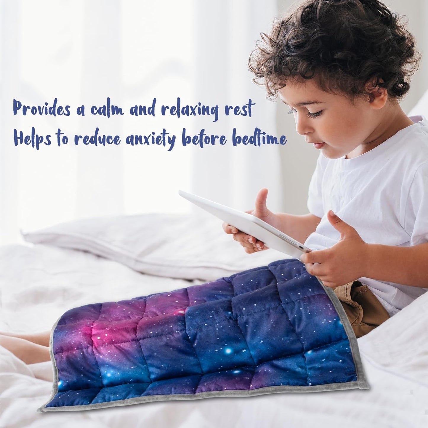 Solfres Small Weighted Lap Pad Blanket Throw for Kids Boys Teens 20in x 23in 5 Lbs - Sleep Therapy Plush Travel Size with Glass Beads, Galaxy Space Stars