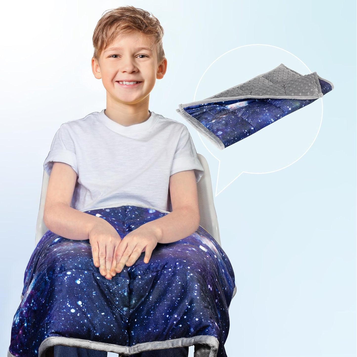 Solfres Small Weighted Lap Pad Blanket Throw for Kids Boys Teens 20in x 23in 5 Lbs - Sleep Therapy Plush Travel Size with Glass Beads, Galaxy Space Stars