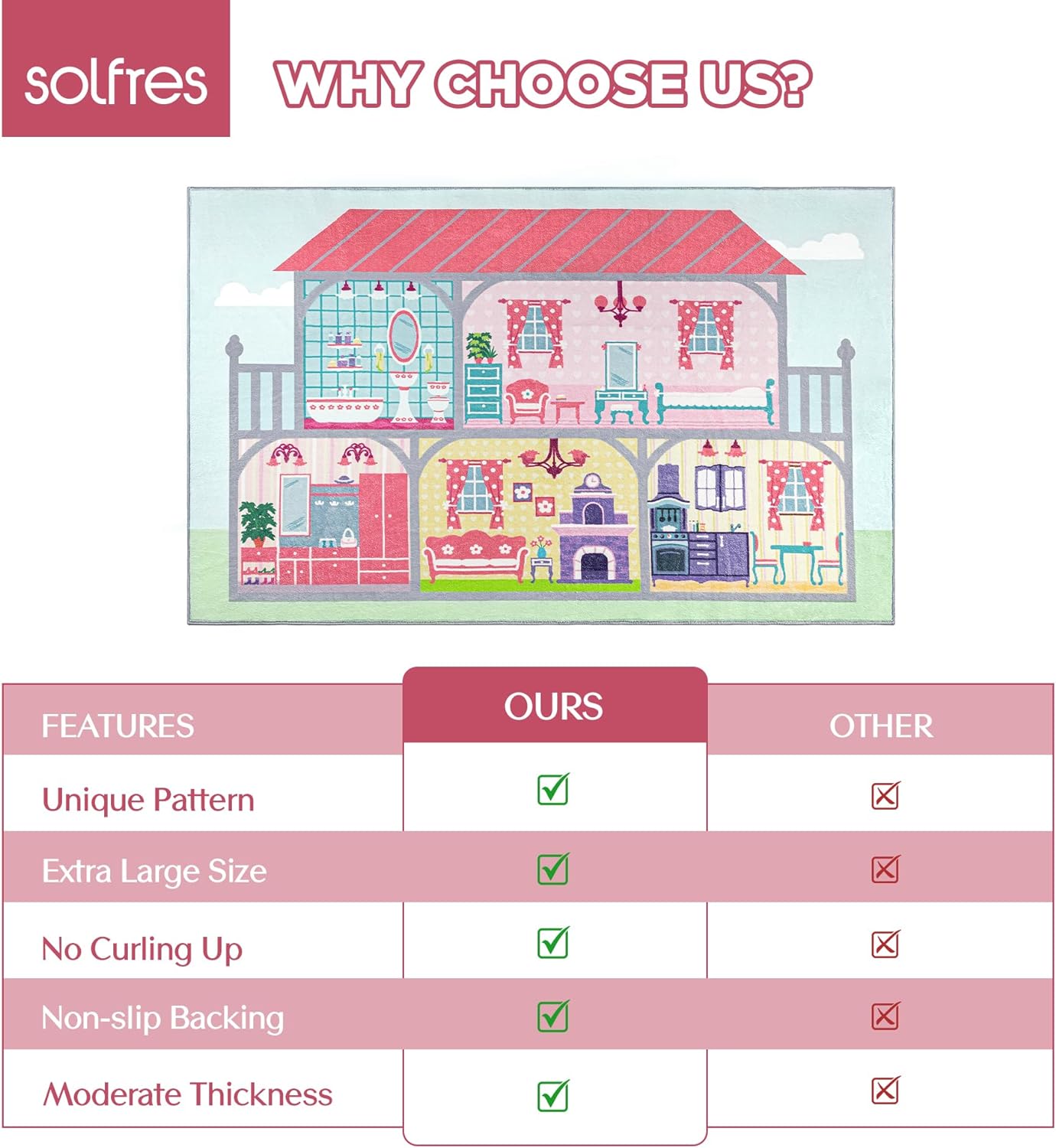 Solfres Soft Kids Area Rug 5' x 7', Large Play Rug for Girls, House Play Mat for Playing Toys & Dolls, Educational Nursery Carpet for Toddlers Children, Kids Room Bedroom Playroom Decor, Pale Pink