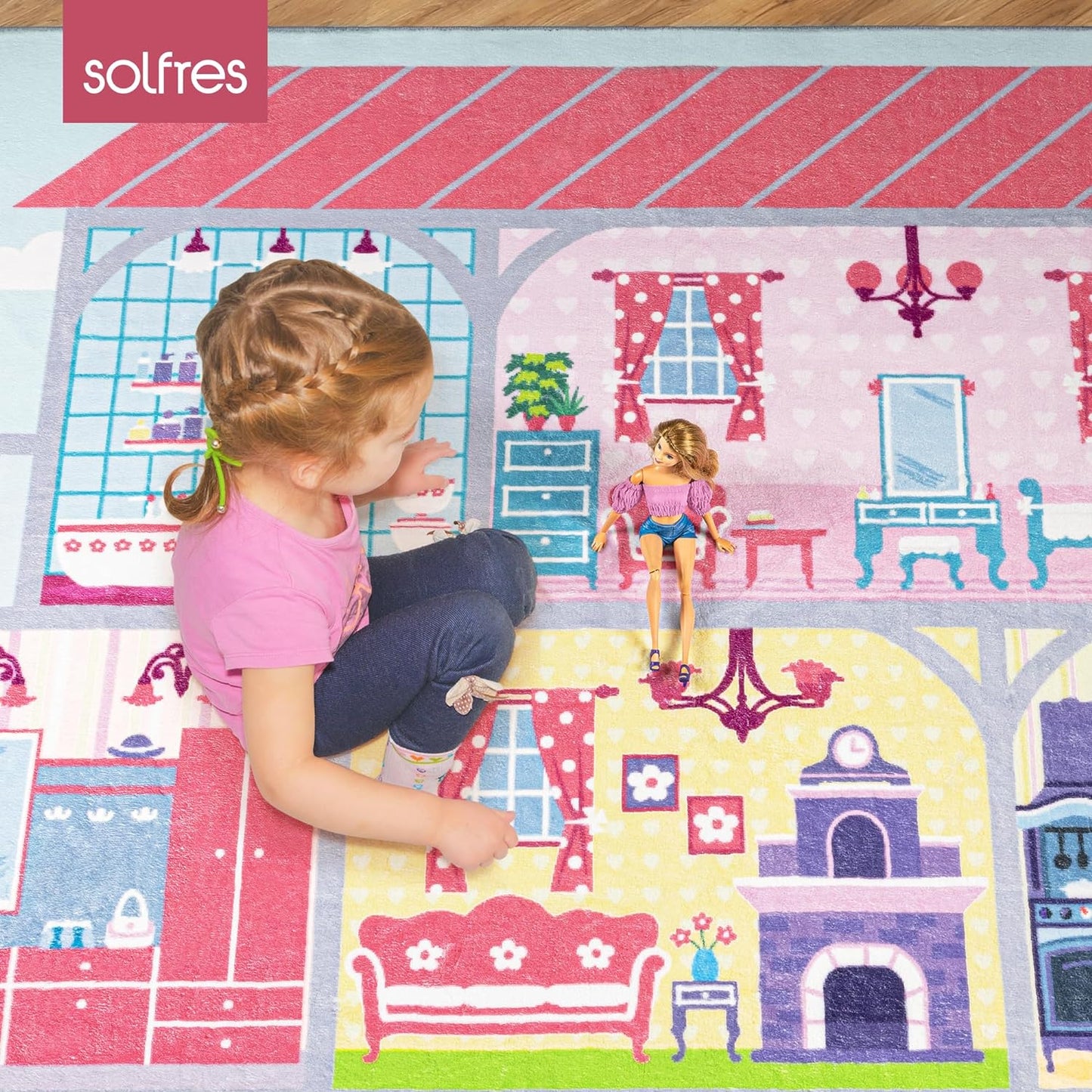 Solfres Soft Kids Area Rug 5' x 7', Large Play Rug for Girls, House Play Mat for Playing Toys & Dolls, Educational Nursery Carpet for Toddlers Children, Kids Room Bedroom Playroom Decor, Pale Pink