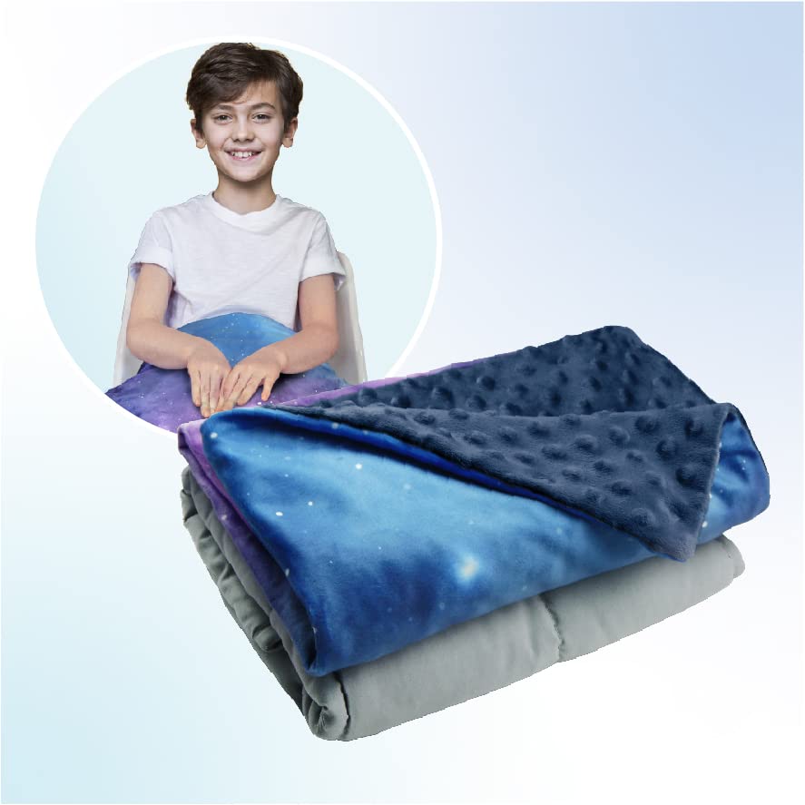 Solfres 5lbs Small Weighted Lap Pad Blanket Throw for Kids Boys Teens 20in x 23in - Sleep Therapy Plush Travel Size with Glass Beads, Dark Blue Universe Galaxy