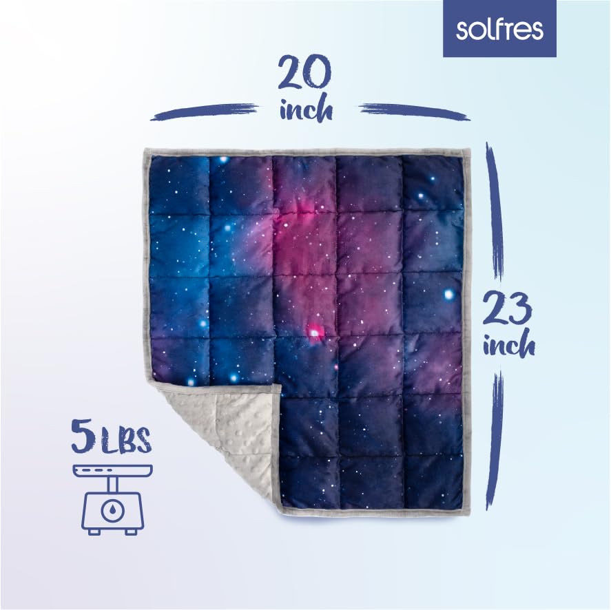 Solfres 5lbs Small Weighted Lap Pad Blanket Throw for Kids Boys Teens 20in x 23in - Sleep Therapy Plush Travel Size with Glass Beads, Dark Blue Universe Galaxy