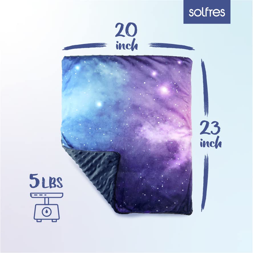 Solfres 5lbs Small Weighted Lap Pad Blanket Throw for Kids Boys Teens 20in x 23in - Sleep Therapy Plush Travel Size with Glass Beads, Dark Blue Universe Galaxy