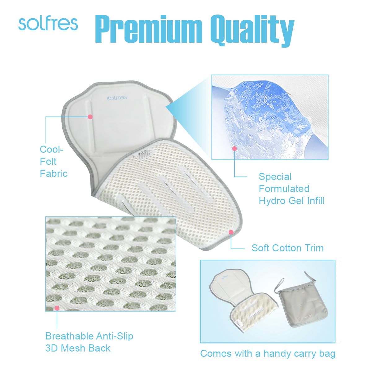 Solfres Hydro Gel Car Seat Cooler Mat for Baby. No Refrigeration Needed. Carseat and Stroller Cooling Pad Cushion Liner with Breathable 3D Mesh Anti-Slip Back. for Kids Toddlers 12-48 Months