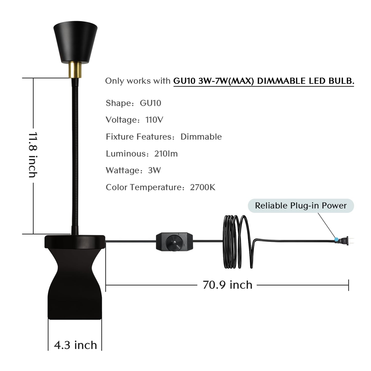 Solfres Patented Innovative Design Headboard Reading Light. No Drilling Golden Book Light for Bedtime Reading. Dimmable LED Book Reading Lamp with Bulb. Movable & Flexible, Black