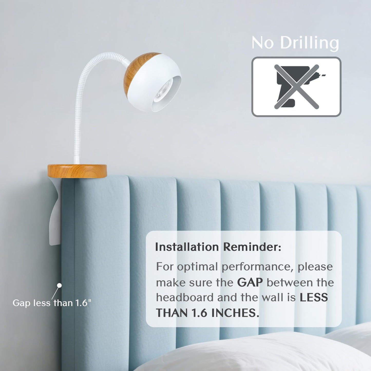 Solfres Patented Innovative Design Headboard Reading Light. No Drilling Golden Book Light for Bedtime Reading. Dimmable LED Book Reading Lamp with Bulb. Movable & Flexible, Black