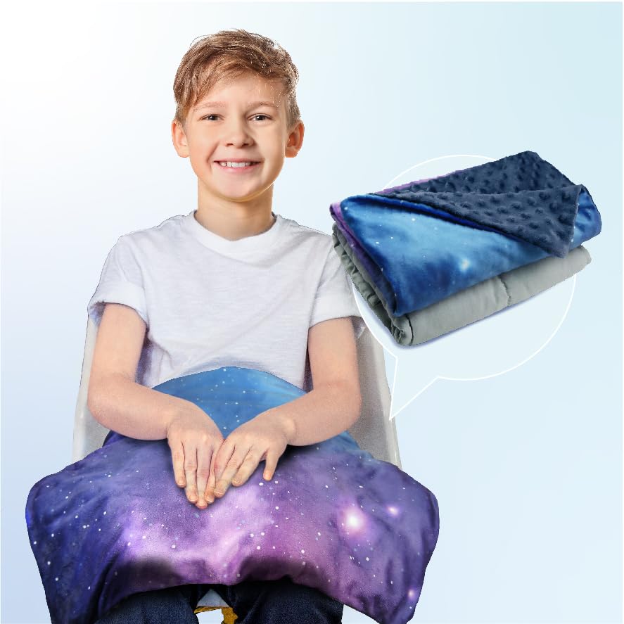 Solfres 5lbs Small Weighted Lap Pad Blanket Throw for Kids Boys Teens 20in x 23in - Sleep Therapy Plush Travel Size with Glass Beads, Dark Blue Universe Galaxy