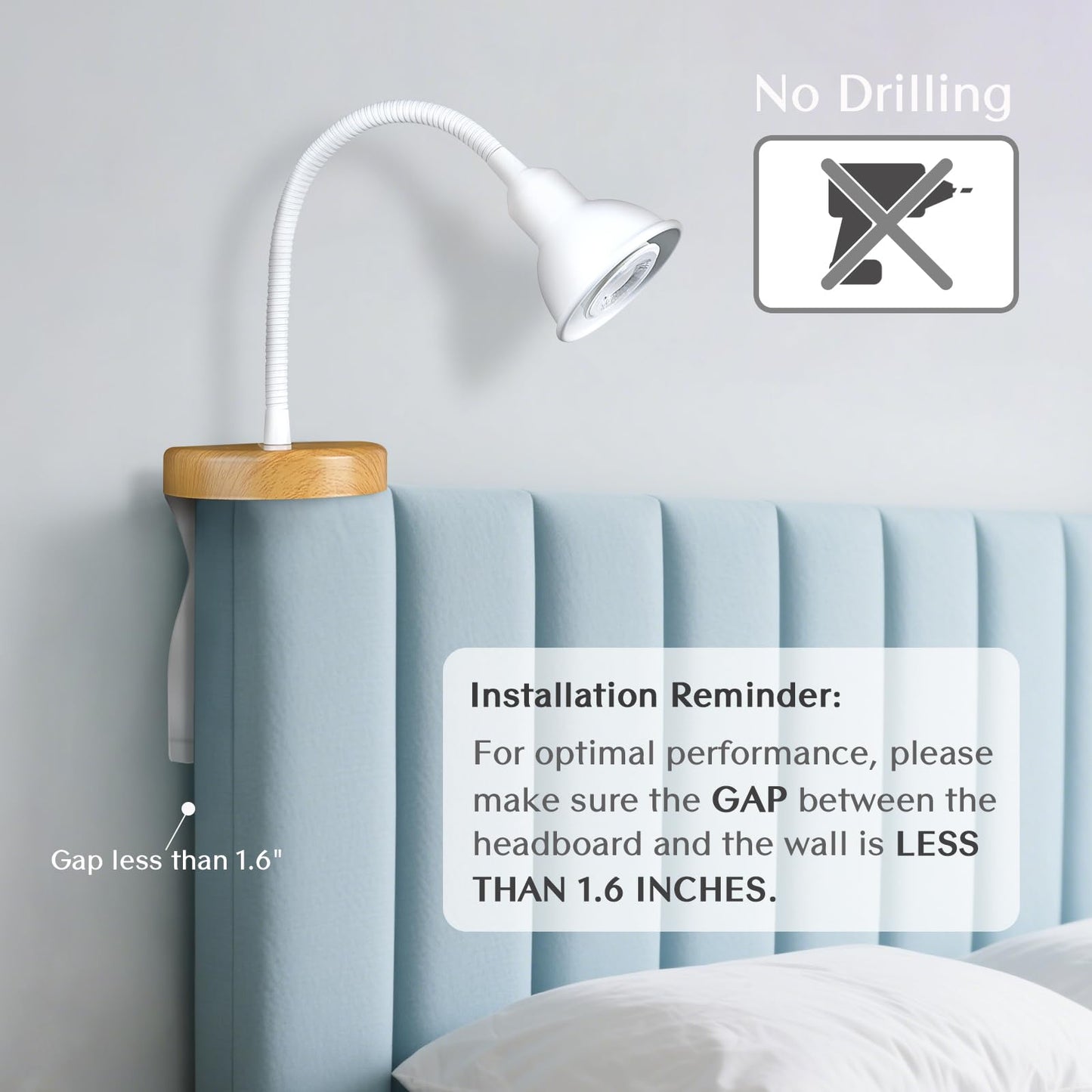Solfres Patented Innovative Design Headboard Reading Light. No Drilling Golden Book Light for Bedtime Reading. Dimmable LED Book Reading Lamp with Bulb. Movable & Flexible, Black