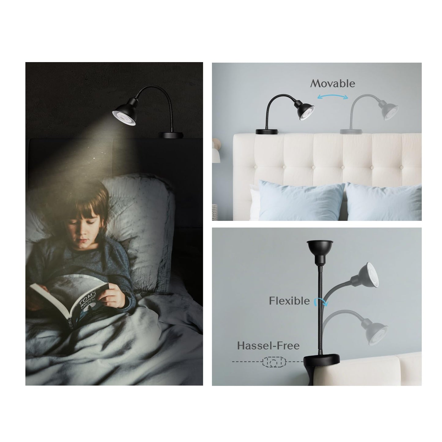 Solfres Patented Innovative Design Headboard Reading Light. No Drilling Golden Book Light for Bedtime Reading. Dimmable LED Book Reading Lamp with Bulb. Movable & Flexible, Black