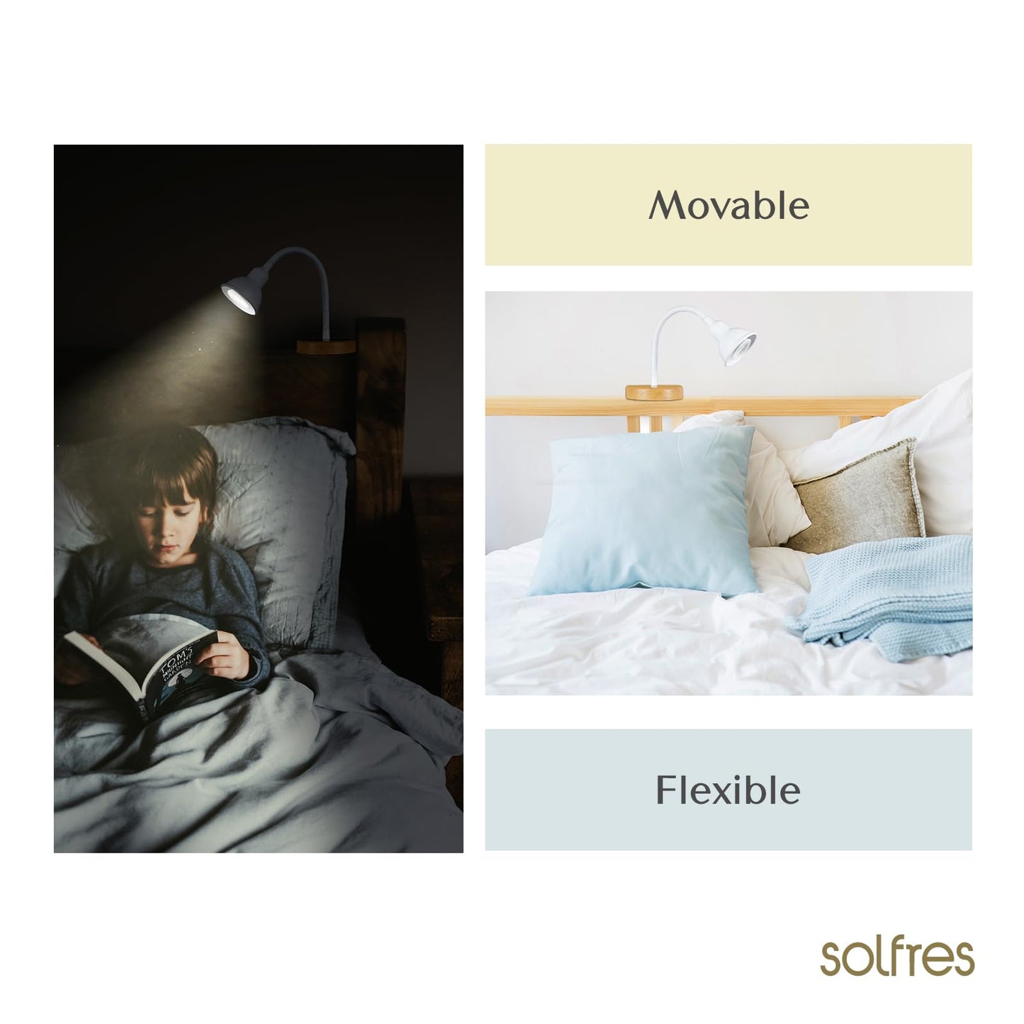 Solfres Patented Innovative Design Headboard Reading Light. No Drilling Golden Book Light for Bedtime Reading. Dimmable LED Book Reading Lamp with Bulb. Movable & Flexible, Black