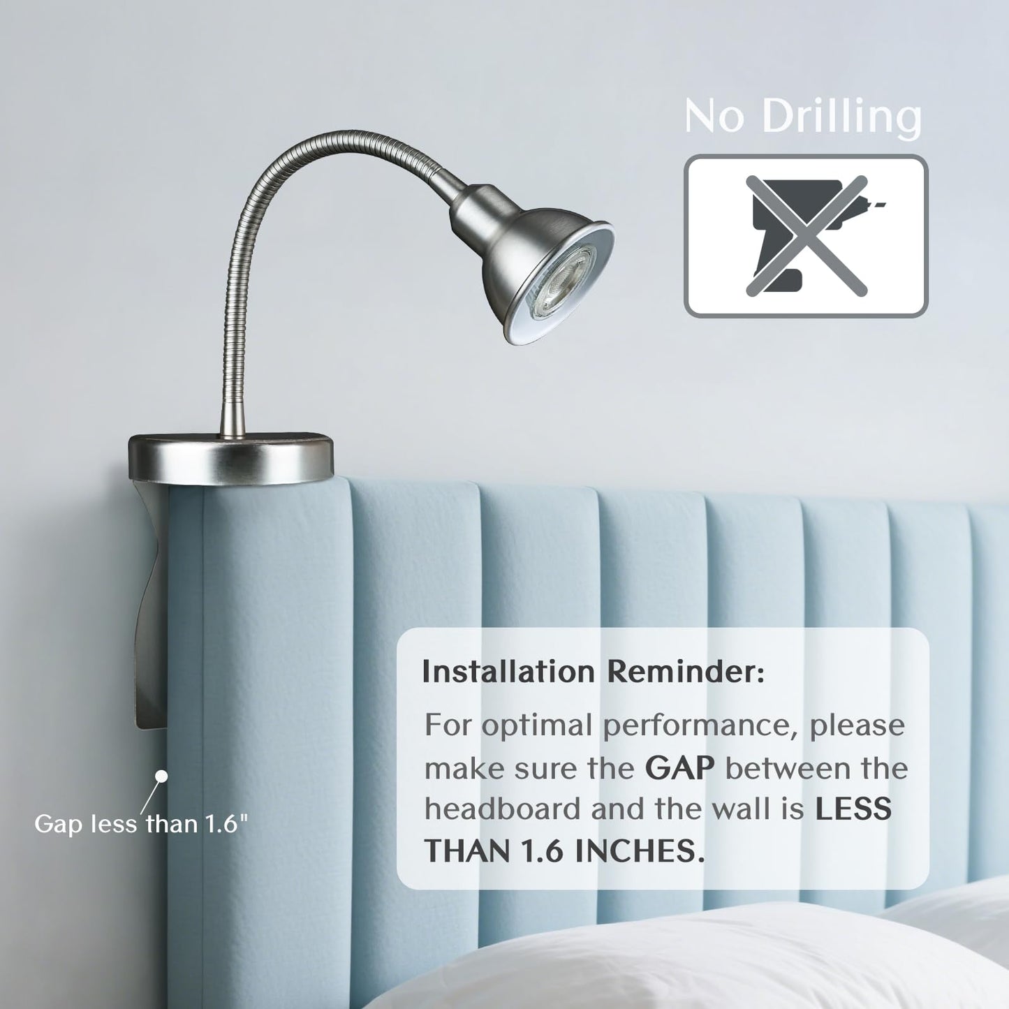 Solfres Patented Innovative Design Headboard Reading Light. No Drilling Golden Book Light for Bedtime Reading. Dimmable LED Book Reading Lamp with Bulb. Movable & Flexible, Black