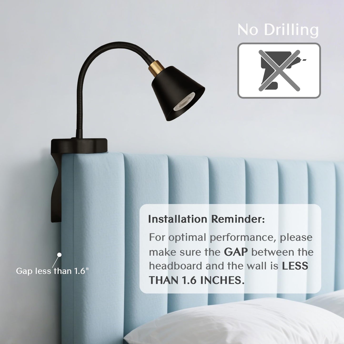 Solfres Patented Innovative Design Headboard Reading Light. No Drilling Golden Book Light for Bedtime Reading. Dimmable LED Book Reading Lamp with Bulb. Movable & Flexible, Black