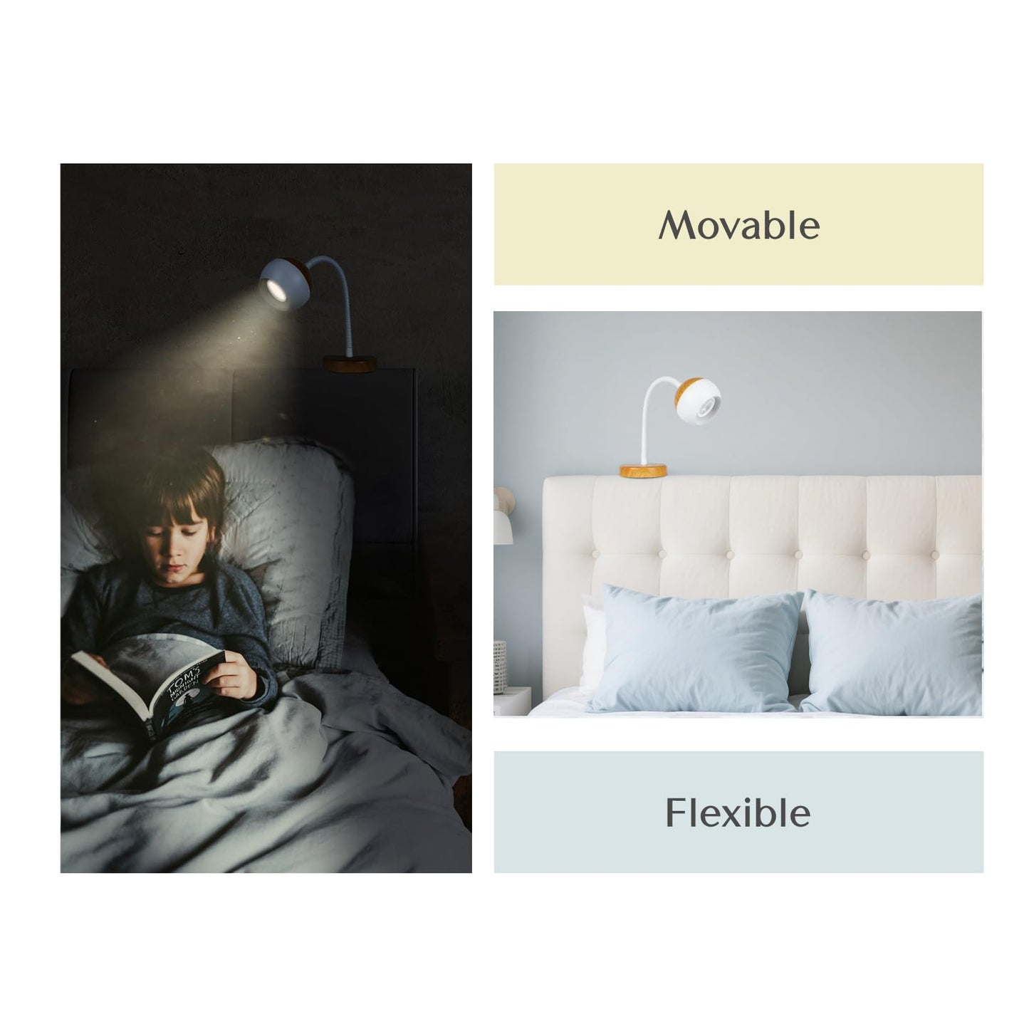 Solfres Patented Innovative Design Headboard Reading Light. No Drilling Golden Book Light for Bedtime Reading. Dimmable LED Book Reading Lamp with Bulb. Movable & Flexible, Black
