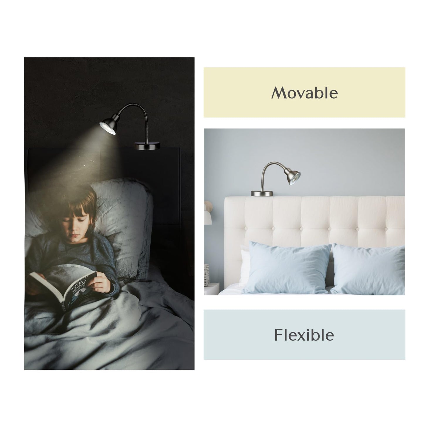 Solfres Patented Innovative Design Headboard Reading Light. No Drilling Golden Book Light for Bedtime Reading. Dimmable LED Book Reading Lamp with Bulb. Movable & Flexible, Black