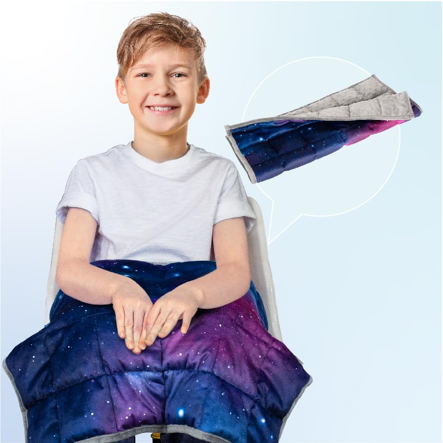 Solfres 5lbs Small Weighted Lap Pad Blanket Throw for Kids Boys Teens 20in x 23in - Sleep Therapy Plush Travel Size with Glass Beads, Dark Blue Universe Galaxy
