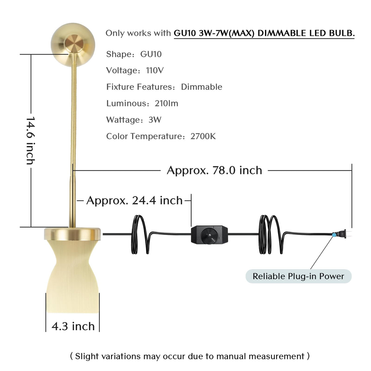 Solfres Patented Innovative Design Headboard Reading Light. No Drilling Golden Book Light for Bedtime Reading. Dimmable LED Book Reading Lamp with Bulb. Movable & Flexible, Gold