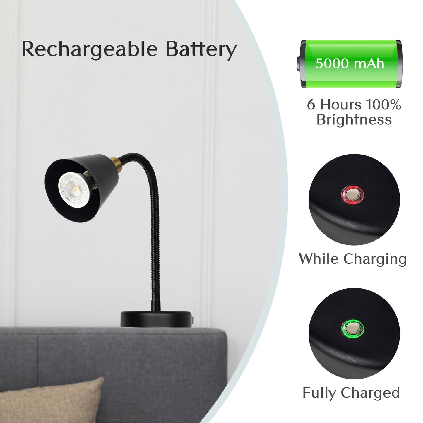 Solfres Innovative Design Rechargeable Headboard Reading Light. No Drilling Book Light for Bedtime Reading. Dimmable LED Lamp with Bulb. Movable & Flexible