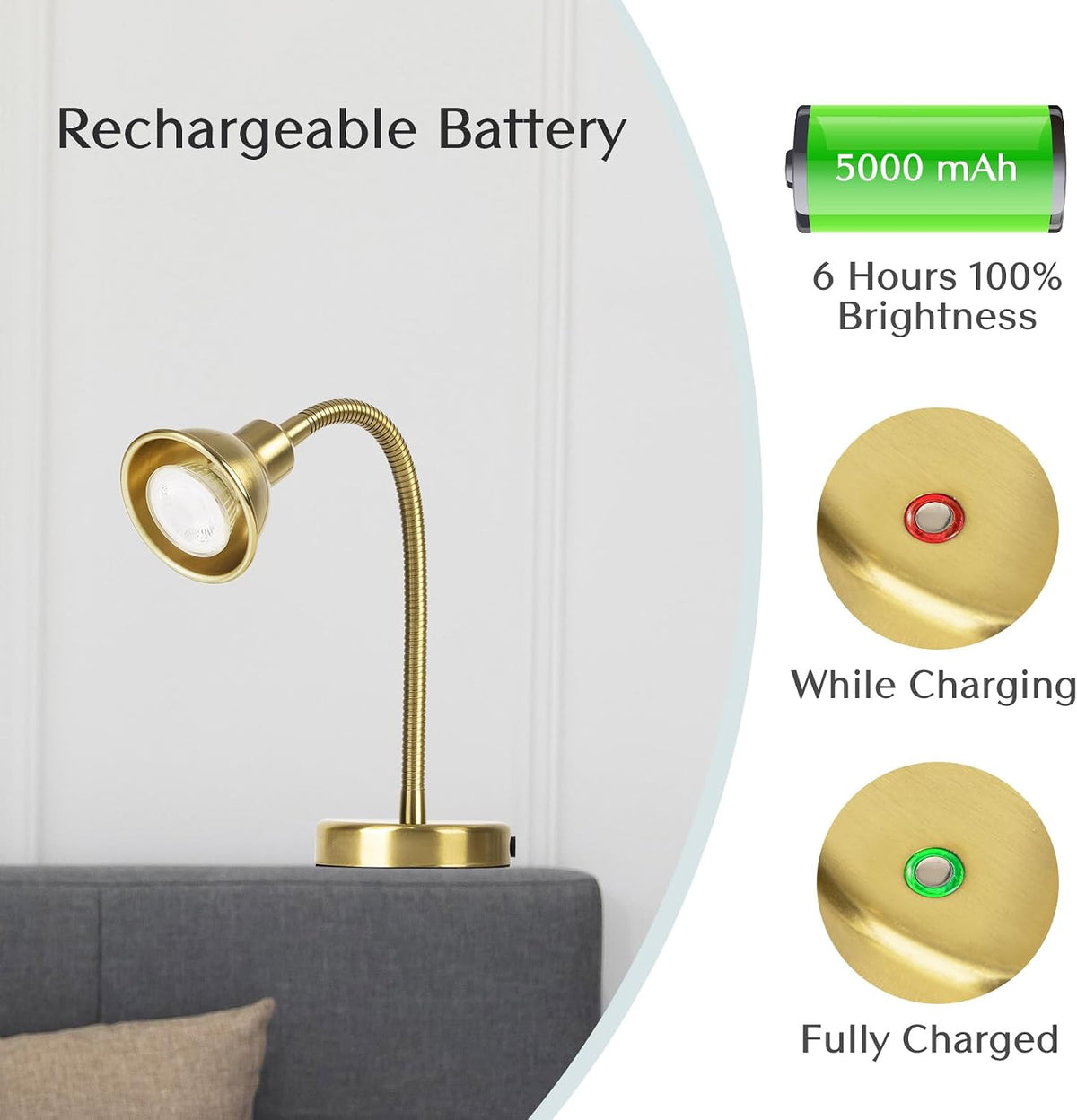 Solfres Innovative Design Rechargeable Headboard Reading Light. No Drilling Book Light for Bedtime Reading. Dimmable LED Lamp with Bulb. Movable & Flexible
