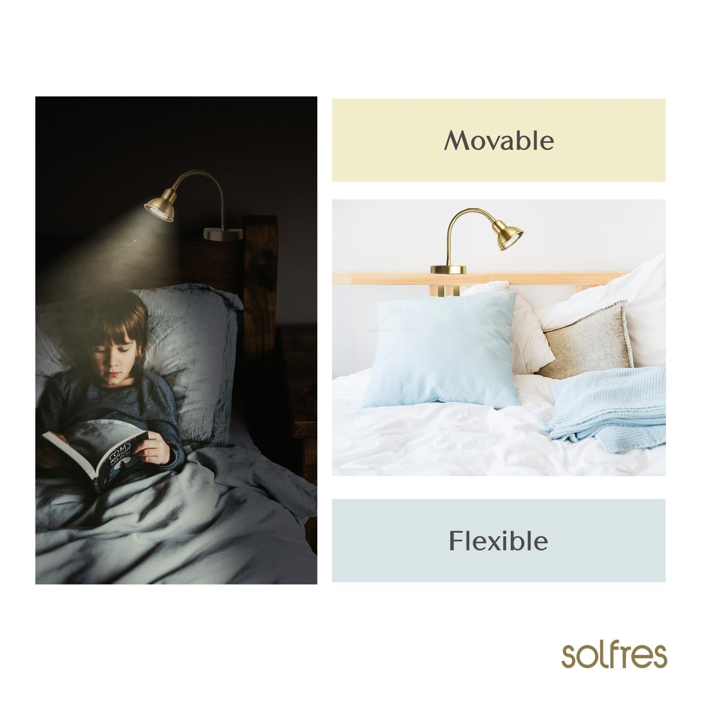 Solfres Patented Innovative Design Headboard Reading Light. No Drilling Golden Book Light for Bedtime Reading. Dimmable LED Book Reading Lamp with Bulb. Movable & Flexible, Black