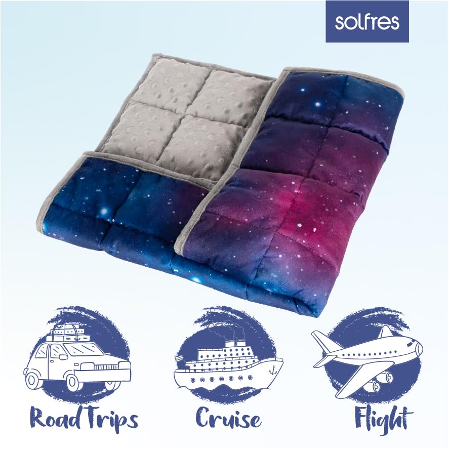Solfres 5lbs Small Weighted Lap Pad Blanket Throw for Kids Boys Teens 20in x 23in - Sleep Therapy Plush Travel Size with Glass Beads, Dark Blue Universe Galaxy
