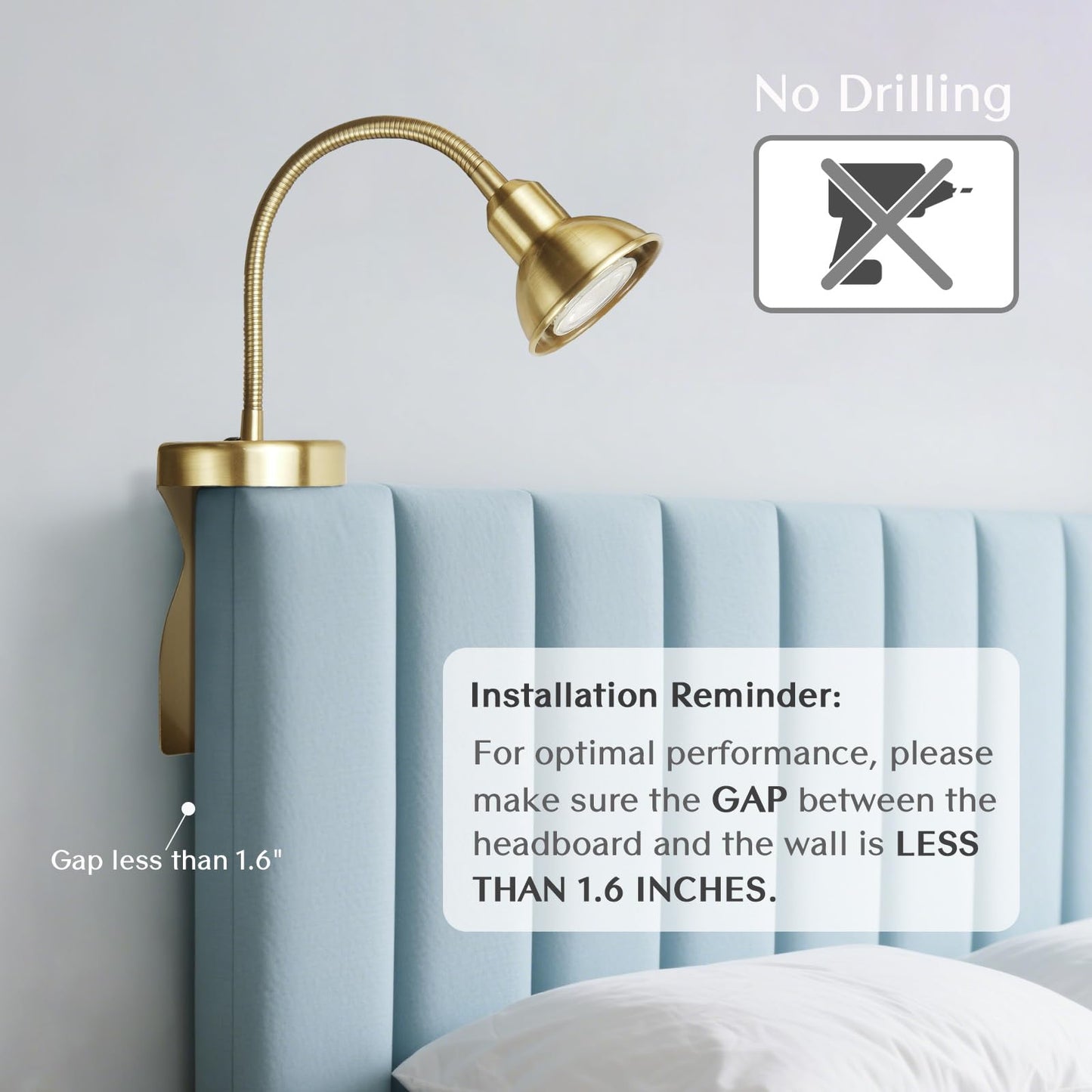 Solfres Patented Innovative Design Headboard Reading Light. No Drilling Golden Book Light for Bedtime Reading. Dimmable LED Book Reading Lamp with Bulb. Movable & Flexible, Black