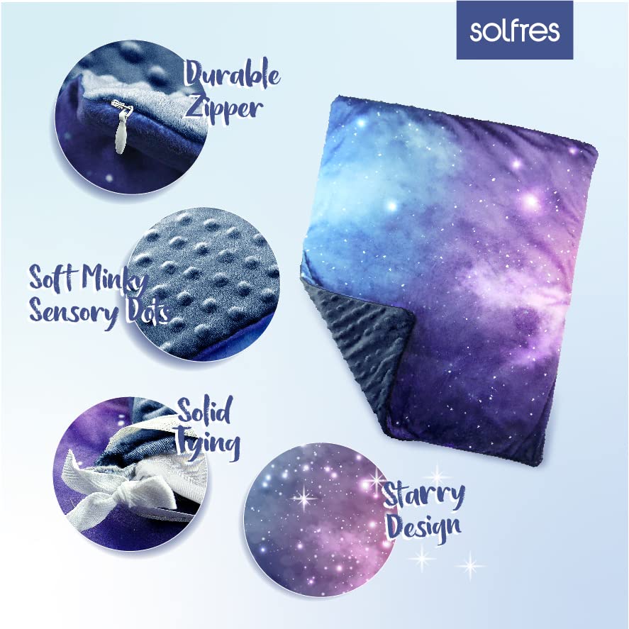 Solfres 5lbs Small Weighted Lap Pad Blanket Throw for Kids Boys Teens 20in x 23in - Sleep Therapy Plush Travel Size with Glass Beads, Dark Blue Universe Galaxy
