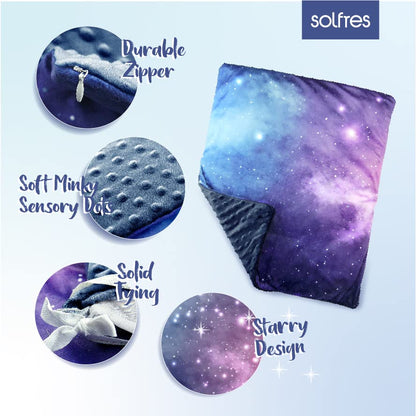 Solfres 5lbs Small Weighted Lap Pad Blanket Throw for Kids Boys Teens 20in x 23in - Sleep Therapy Plush Travel Size with Glass Beads, Dark Blue Universe Galaxy
