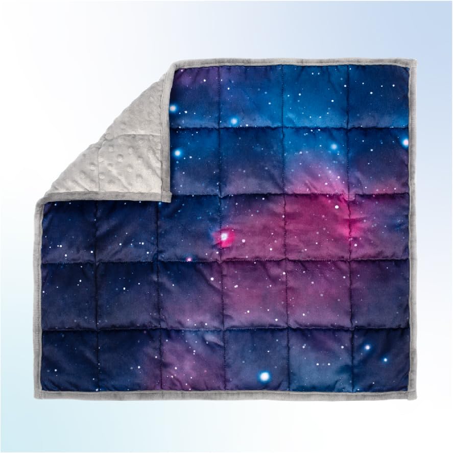 Solfres 5lbs Small Weighted Lap Pad Blanket Throw for Kids Boys Teens 20in x 23in - Sleep Therapy Plush Travel Size with Glass Beads, Dark Blue Universe Galaxy