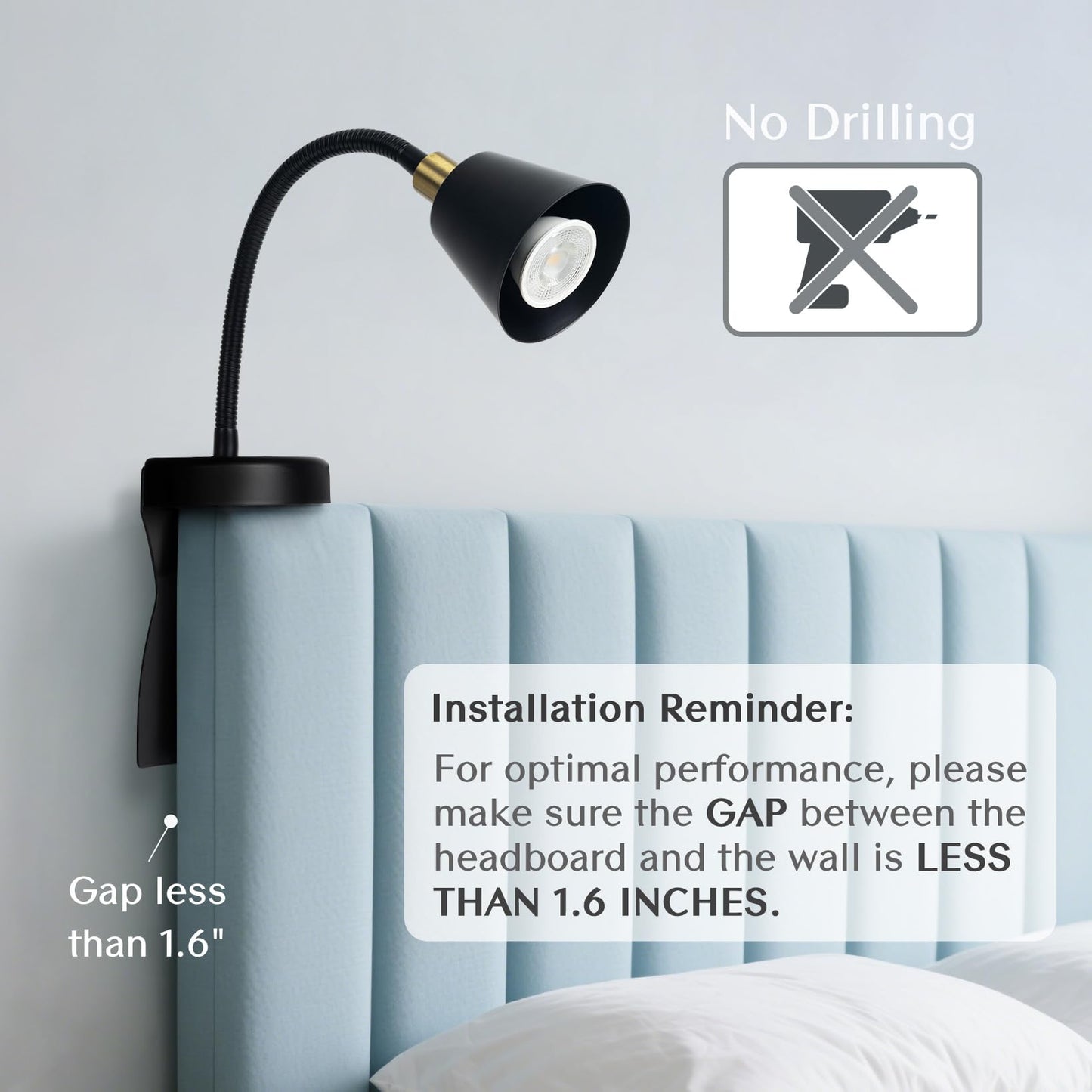 Solfres Innovative Design Rechargeable Headboard Reading Light. No Drilling Book Light for Bedtime Reading. Dimmable LED Lamp with Bulb. Movable & Flexible