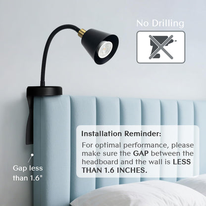Solfres Innovative Design Rechargeable Headboard Reading Light. No Drilling Book Light for Bedtime Reading. Dimmable LED Lamp with Bulb. Movable & Flexible