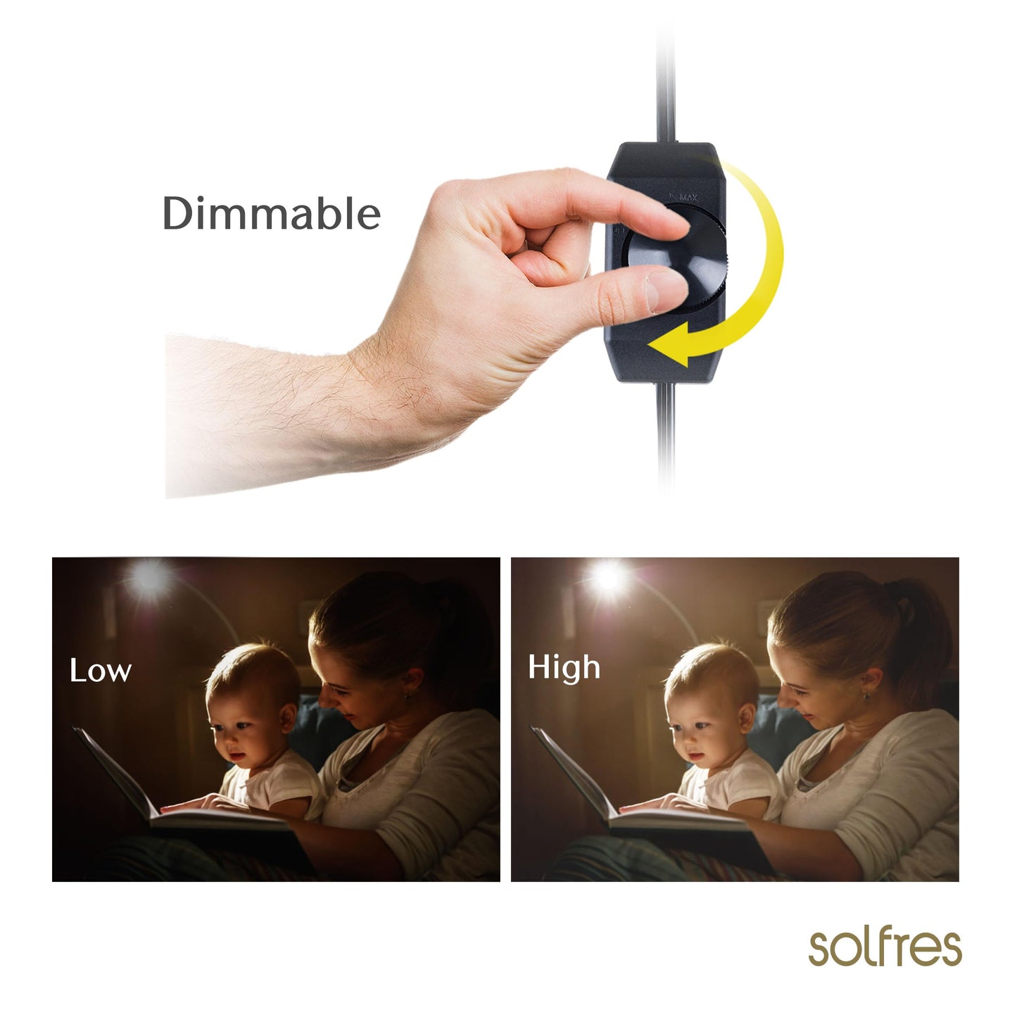 Solfres Patented Innovative Design Headboard Reading Light. No Drilling Golden Book Light for Bedtime Reading. Dimmable LED Book Reading Lamp with Bulb. Movable & Flexible, Black