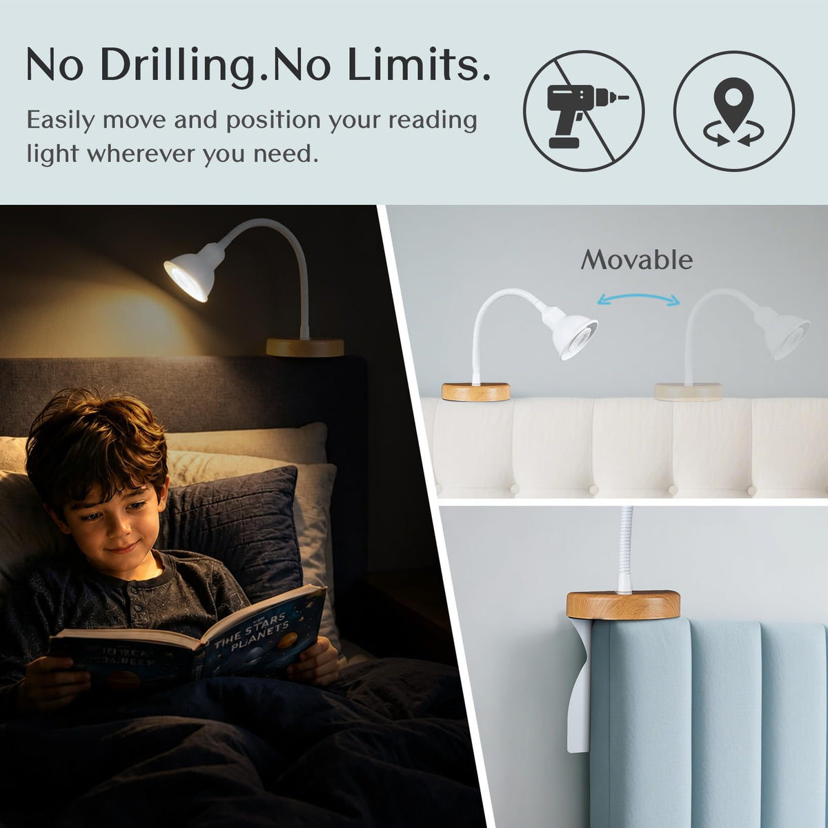 Solfres Patented Innovative Design Headboard Reading Light. No Drilling Golden Book Light for Bedtime Reading. Dimmable LED Book Reading Lamp with Bulb. Movable & Flexible, Gold