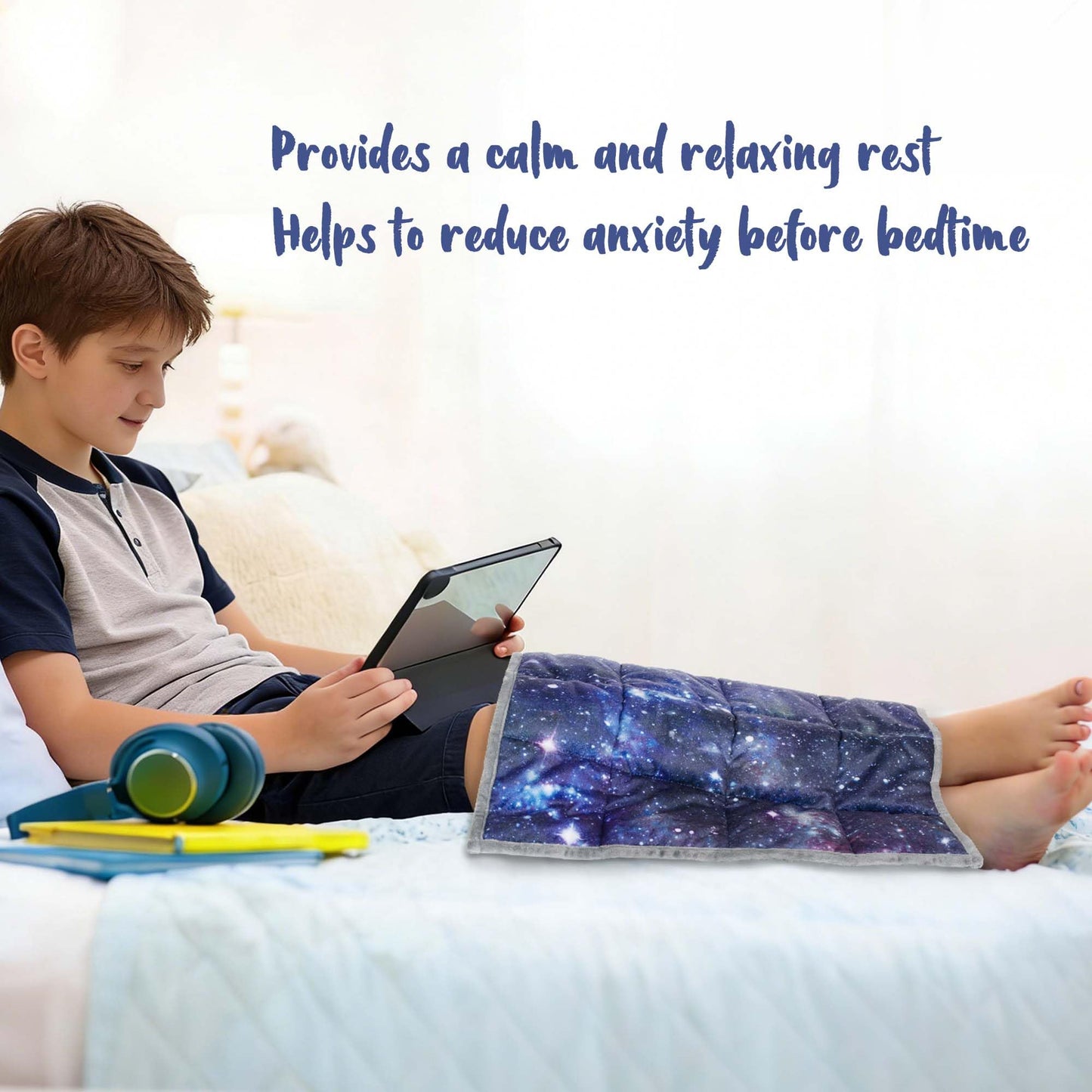 Solfres 5lbs Small Weighted Lap Pad Blanket Throw for Kids Boys Teens 20in x 23in - Sleep Therapy Plush Travel Size with Glass Beads, Dark Blue Universe Galaxy