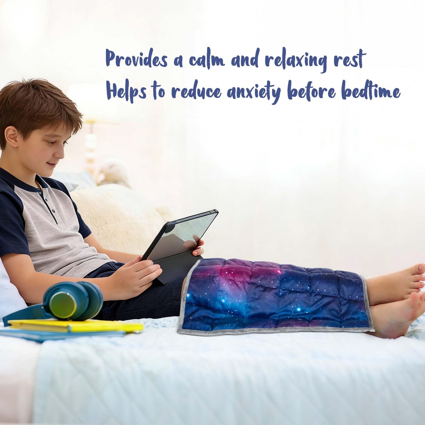 Solfres 5lbs Small Weighted Lap Pad Blanket Throw for Kids Boys Teens 20in x 23in - Sleep Therapy Plush Travel Size with Glass Beads, Dark Blue Universe Galaxy