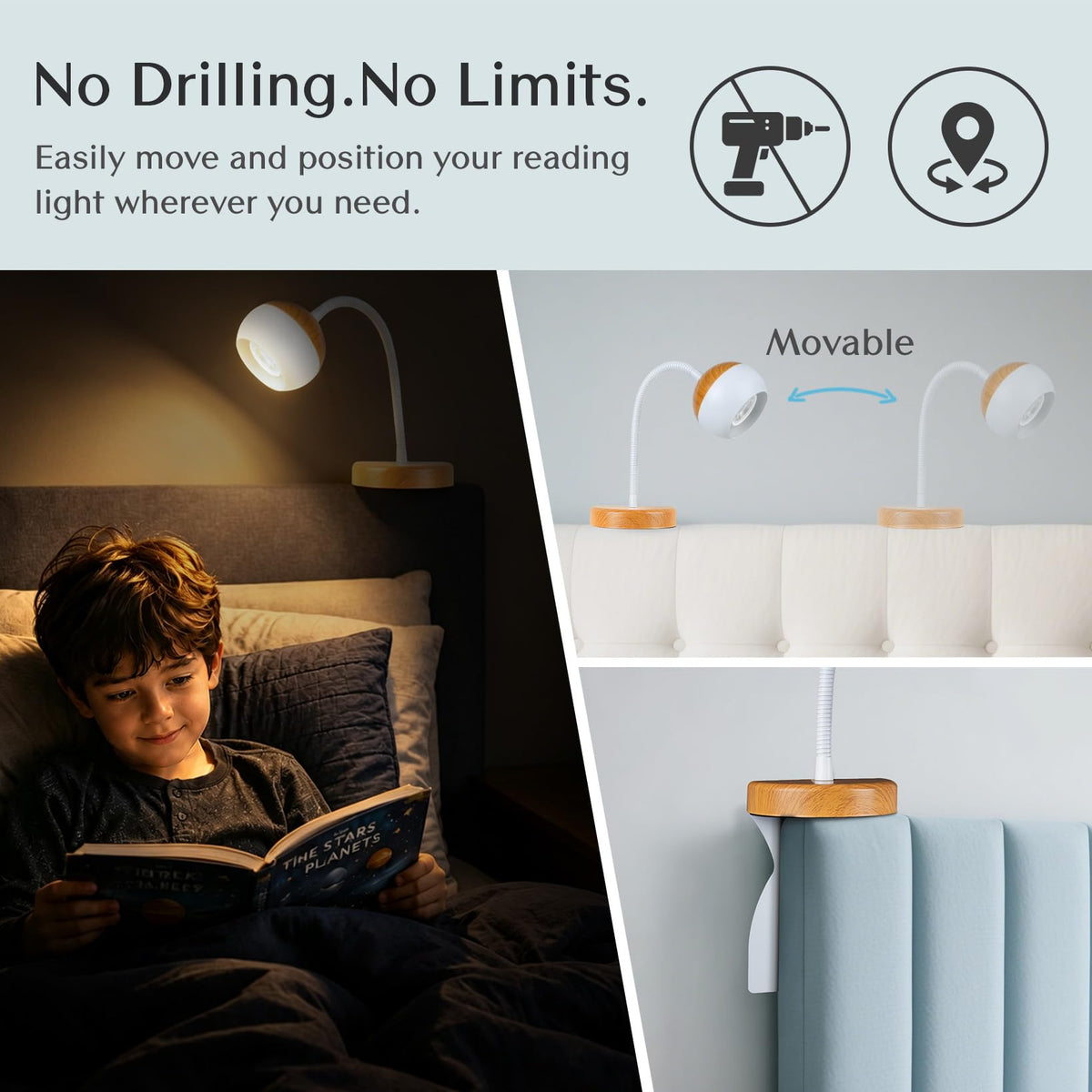 Solfres Patented Innovative Design Headboard Reading Light. No Drilling Golden Book Light for Bedtime Reading. Dimmable LED Book Reading Lamp with Bulb. Movable & Flexible, Gold