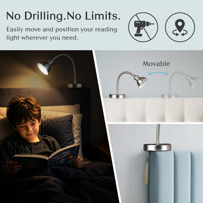 Solfres Patented Innovative Design Headboard Reading Light. No Drilling Golden Book Light for Bedtime Reading. Dimmable LED Book Reading Lamp with Bulb. Movable & Flexible, Gold