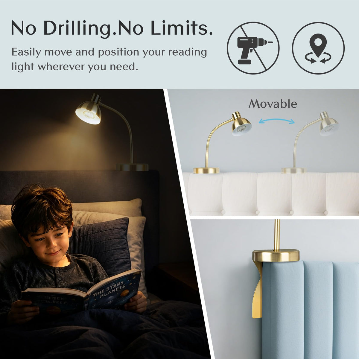 Solfres Patented Innovative Design Headboard Reading Light. No Drilling Golden Book Light for Bedtime Reading. Dimmable LED Book Reading Lamp with Bulb. Movable & Flexible, Gold