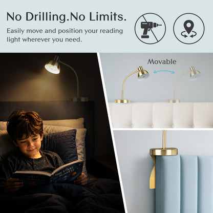 Solfres Patented Innovative Design Headboard Reading Light. No Drilling Golden Book Light for Bedtime Reading. Dimmable LED Book Reading Lamp with Bulb. Movable & Flexible, Gold